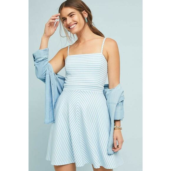 New Anthropologie Hutch Textured Stripe Dress $158 Large Square Neck Spandex - Picture 4 of 5